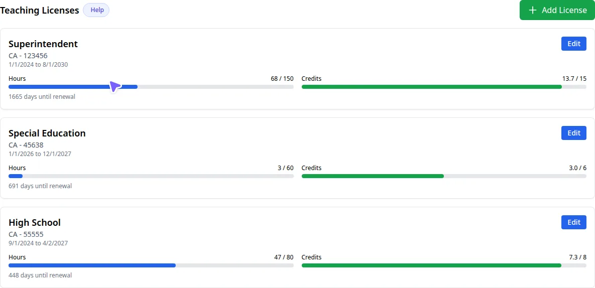 Teaching licenses view with hours and credits progress bars for three licenses