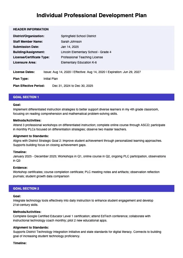 Individual Professional Development Plan with educator information, goals, methods, standards alignment, timelines, and evidence