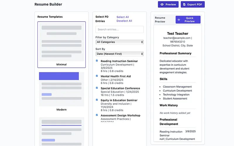 Resume builder with templates, selected professional development entries, and preview